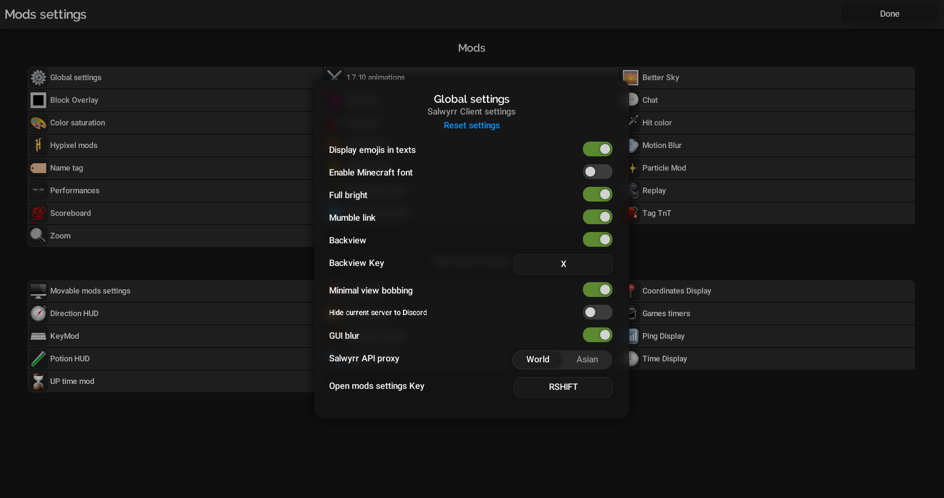 Mods settings list